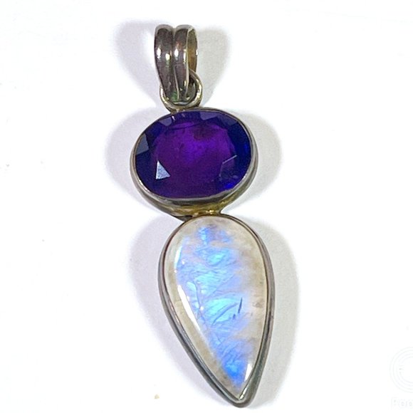 NEW LARGE AMETHYST/MOONSTONE PENDANT - 925 SILVER INDIA ARTISAN - Picture 1 of 12